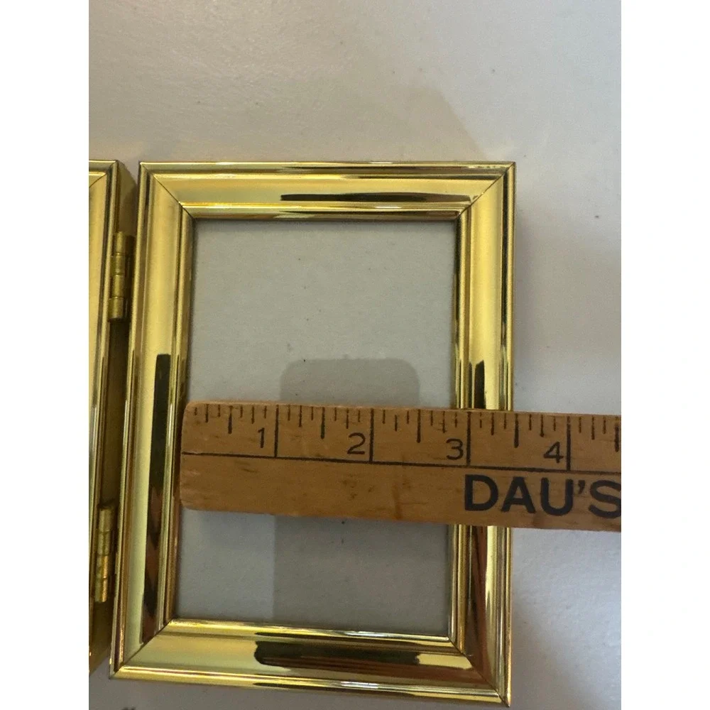Vintage Gold Tone Hinged Double Picture Frame 3.5x5 Beveled Metal Tabletop Korea